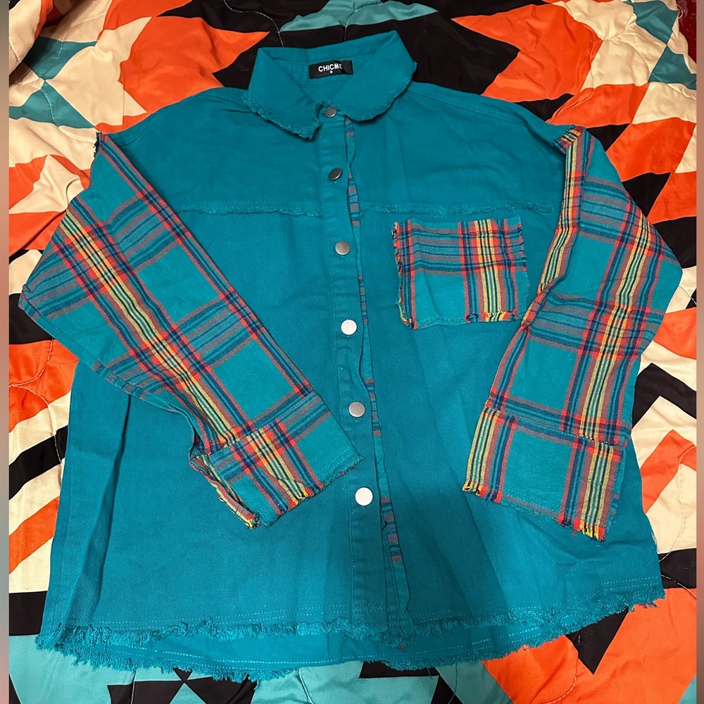 Teal freyed checkered shacket